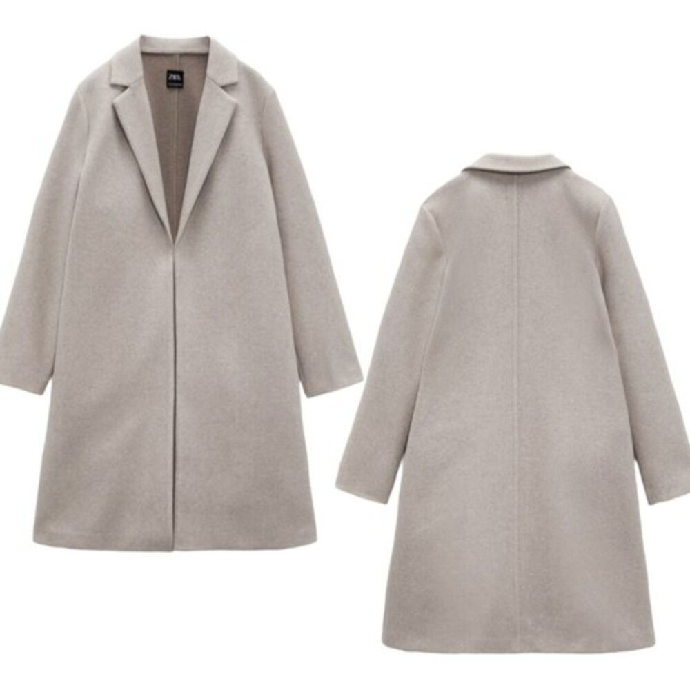 Zara Long Coat Jacket Womens Small Sand Fleece Lapel Collar Layering Winter